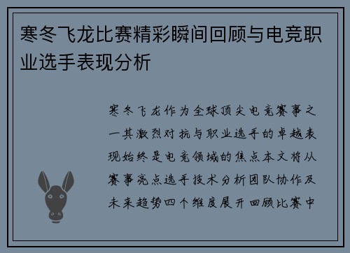 寒冬飞龙比赛精彩瞬间回顾与电竞职业选手表现分析