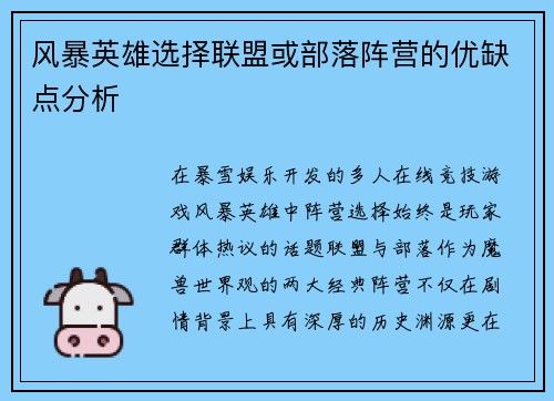 风暴英雄选择联盟或部落阵营的优缺点分析