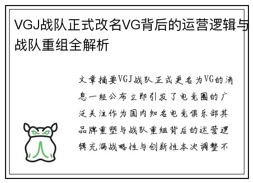 VGJ战队正式改名VG背后的运营逻辑与战队重组全解析