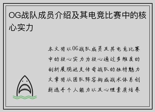 OG战队成员介绍及其电竞比赛中的核心实力